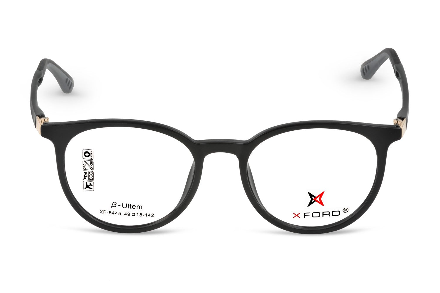 Black eyeglasses with X-Ford logo on a white background